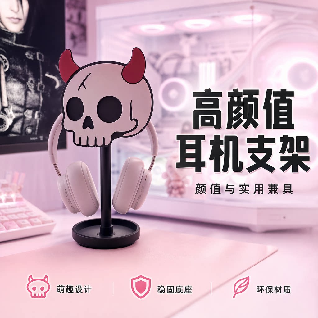 小恶魔骷髅耳机支架奶凶甜酷风头戴式耳机挂架暗黑电竞房桌搭收纳