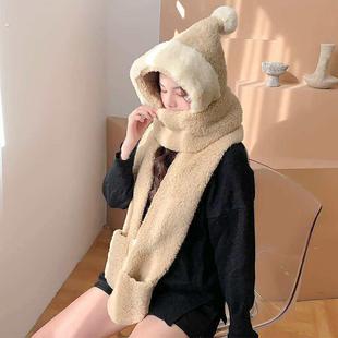 秋冬帽子女毛绒保暖双层围巾手套一体三件套学生韩版潮连体冬帽子