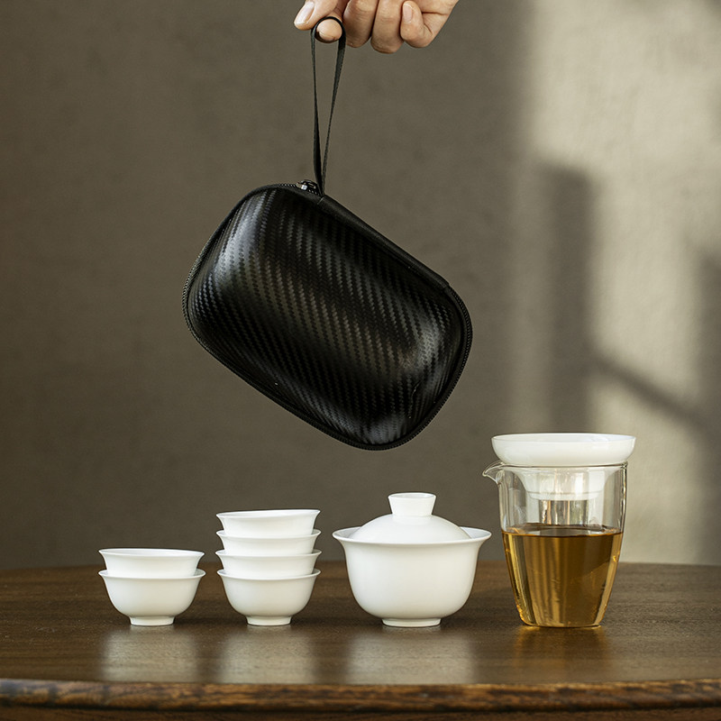 德化白瓷盖碗旅行茶具套组可携式功夫茶快客杯一壶四六杯户外茶具