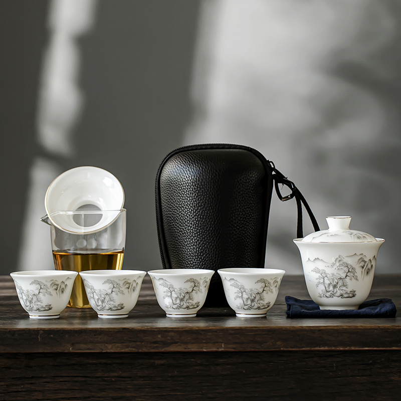 德化白瓷盖碗茶杯旅行茶具便携式功夫快客杯一壶四杯户外茶具套装