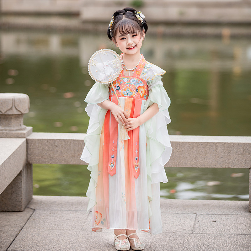 汉服女童夏季2026新款儿童装古风超仙古装粉色短袖雪纺古筝演出服