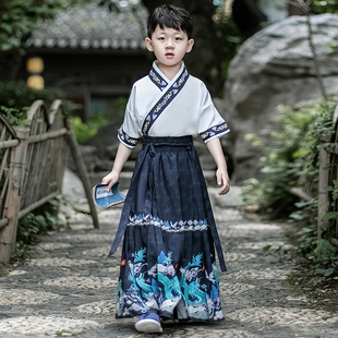 套装 男童汉服马面裙短袖 薄款 国学服古风男孩日常夏天 夏季 儿童古装