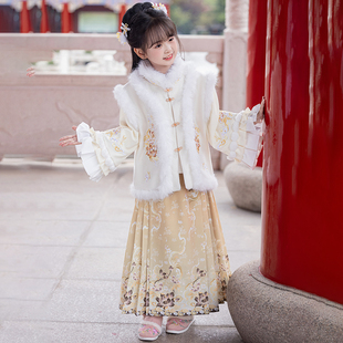 儿童汉服古装套装秋冬季明制白色超仙拜年服外套上衣中大童加绒厚