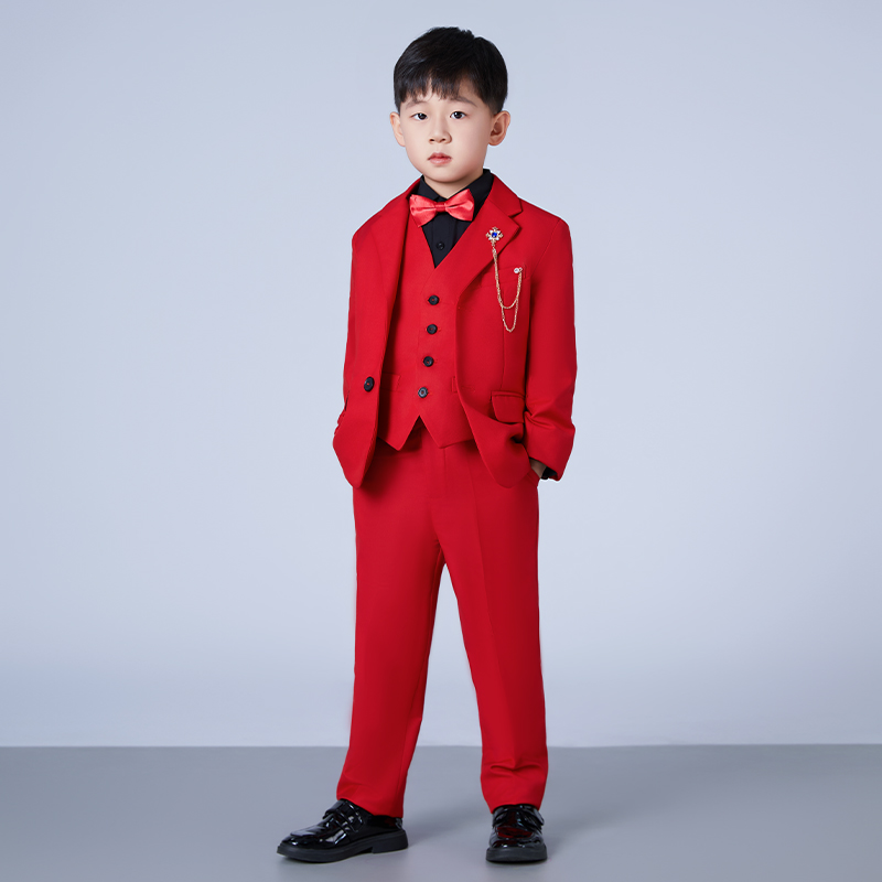 儿童西装套装三件套红色2023新款小主持人走秀礼服男童钢琴演出服