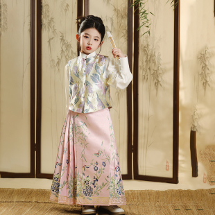 女童汉服粉色套装秋季春装唐装织金马面裙马甲国风儿童古装连衣裙
