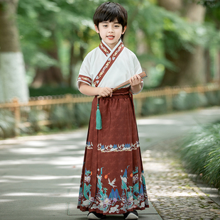 夏季儿童马面裙男童汉服短袖套装古风男孩帅气日常国风古装红色薄