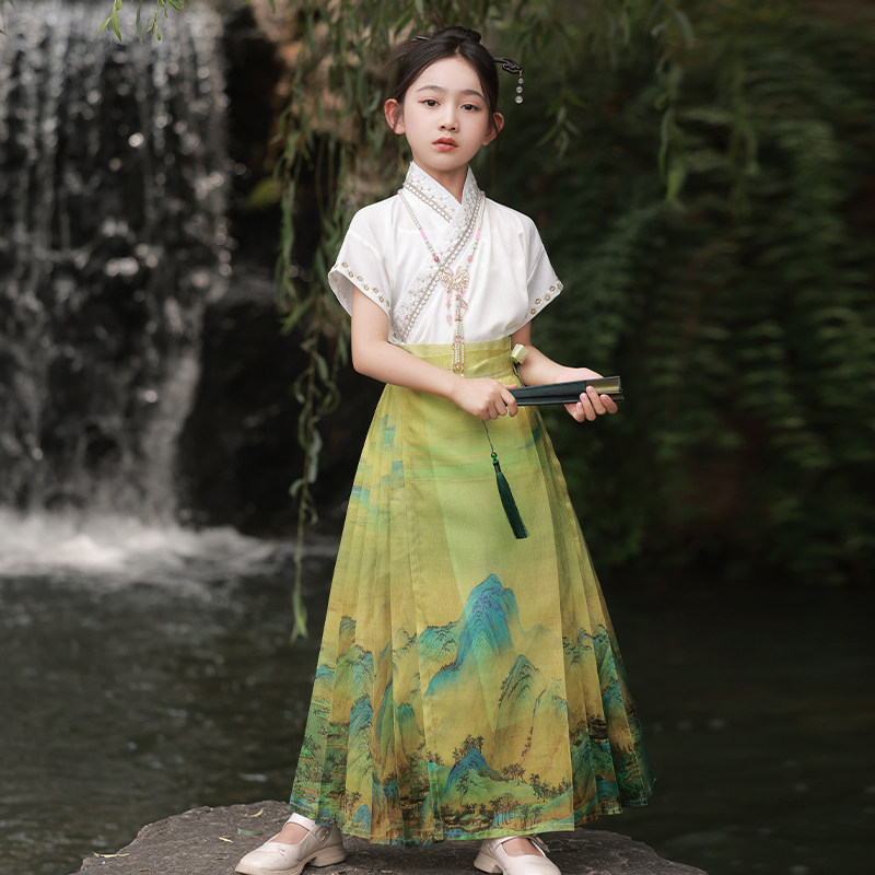 女童夏季新中式马面裙套装古装薄款雪纺连衣裙短袖国风上衣演出服
