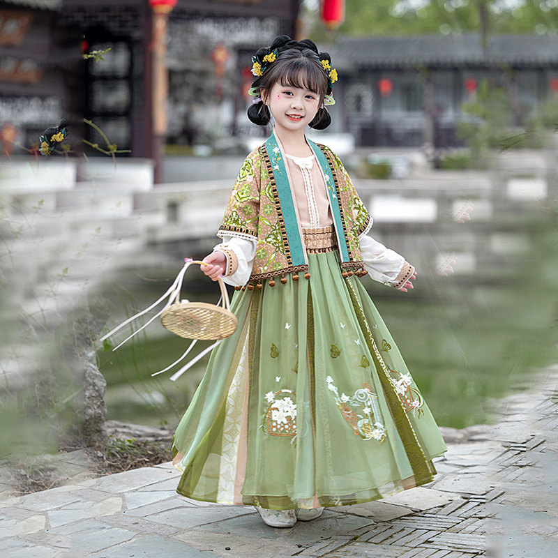 儿童古装女童汉服套装宋制国风唐装异域对襟外套中式绿色连衣裙秋