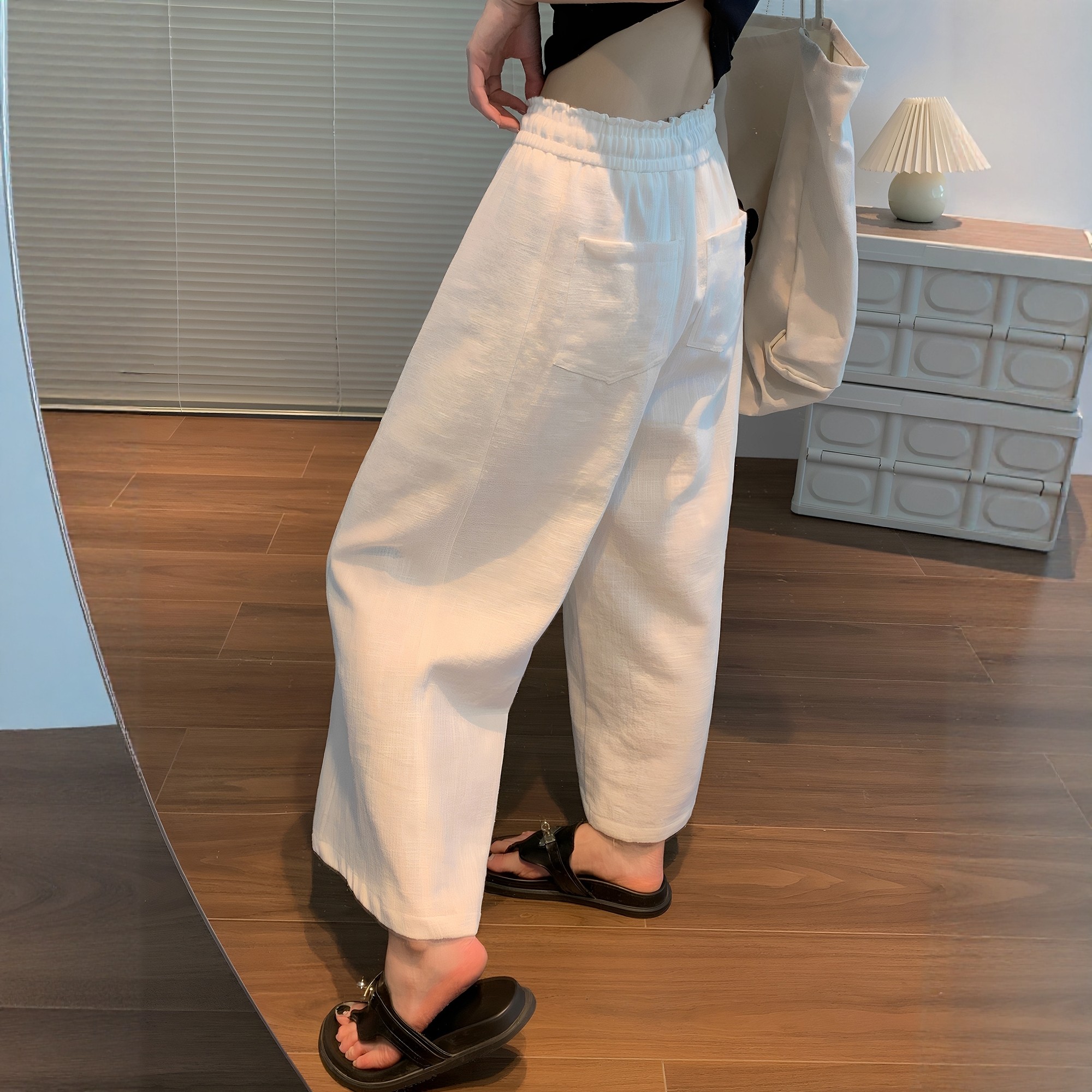 白色裤子女春秋2025新款苎麻棉麻亚麻料夏花苞九分休闲直筒阔腿裤