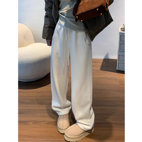 气质羊毛呢阔腿裤女秋冬新款高腰垂感香蕉直筒弯刀裤休闲加绒卫裤