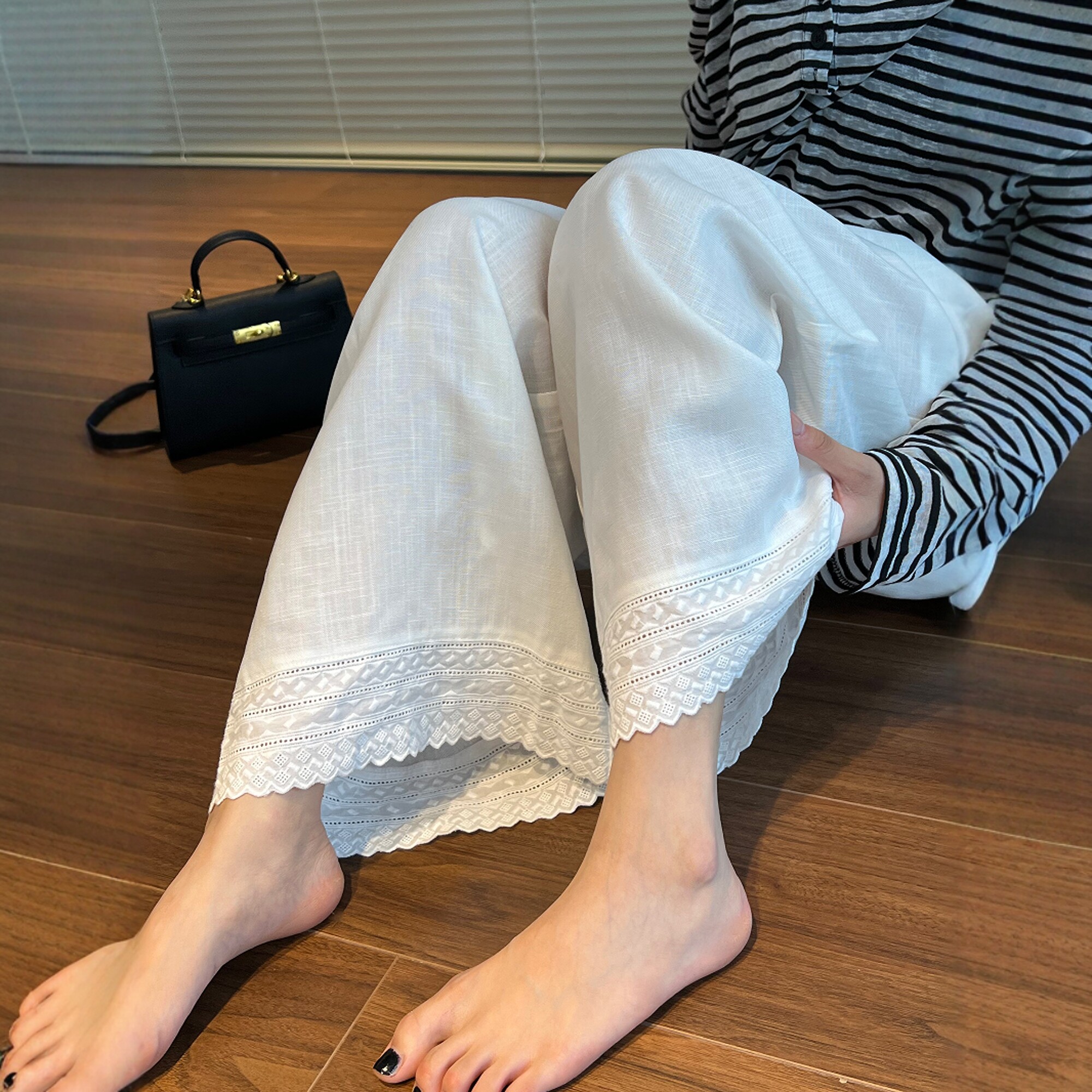 白色裤子女夏季薄款九分2025新款老钱风蕾丝天丝亚麻休闲阔腿裤