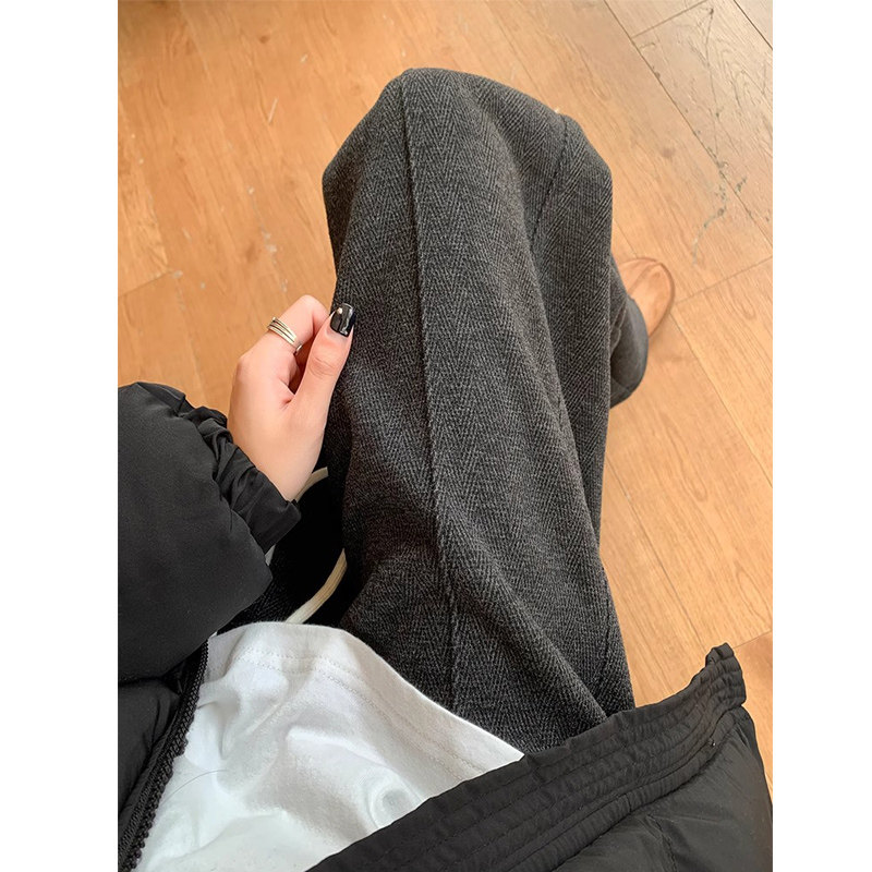 窄版阔腿裤女秋冬2025新款高腰小个子直筒春秋季毛呢休闲加绒裤子