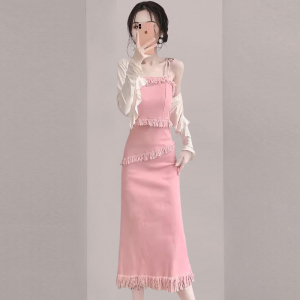 小香风吊带连衣裙子套装女秋季新款高级感法式纯欲流苏长裙两件套