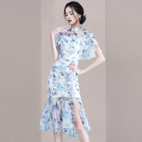 高级感气质名媛碎花雪纺连衣裙女