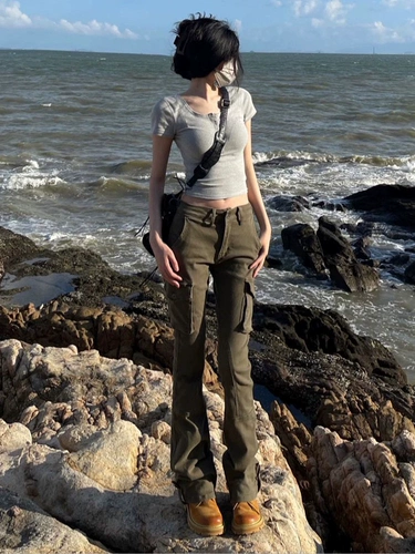 Зеленая униформа медсестры, осенние приталенные штаны, ретро мегафон, джинсы, высокая талия, по фигуре, подходит для подростков, в американском стиле