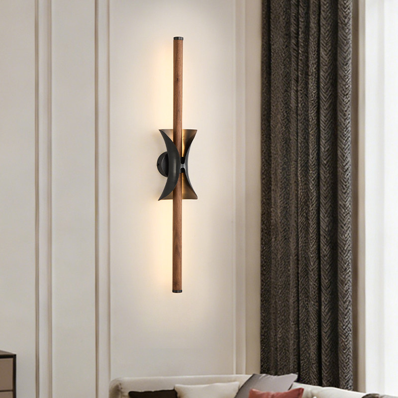 壁灯创意极简长条艺术个性客厅背景墙灯胡桃木纹中古风卧室床头灯
