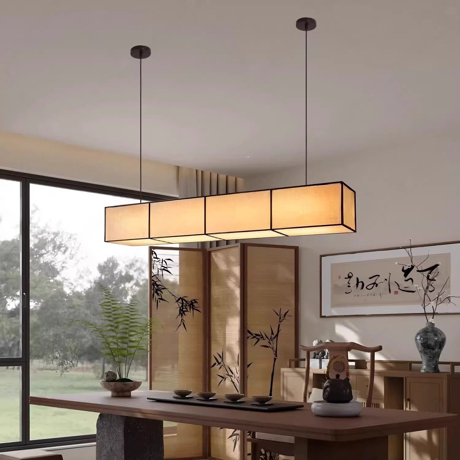 新中式餐厅吊灯长条形布艺灯罩宋代美学长桌茶室设计师款装饰灯具