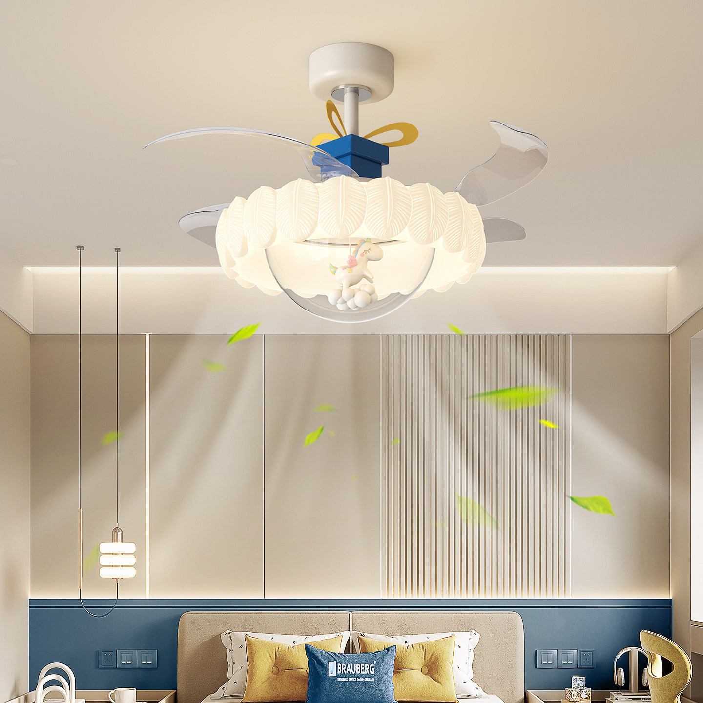 奶油风餐厅风扇吊灯卡通护眼孟菲斯多巴胺隐形儿童房吸顶风扇灯具