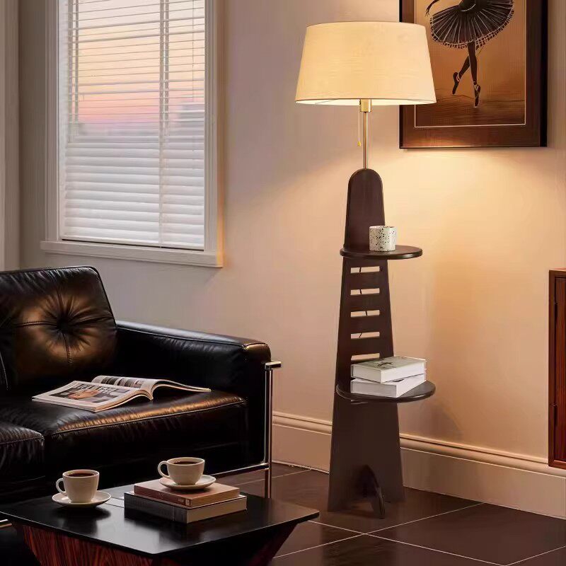 中古风落地灯客厅沙发旁高级感白蜡木复古置物架一体立式氛围台灯