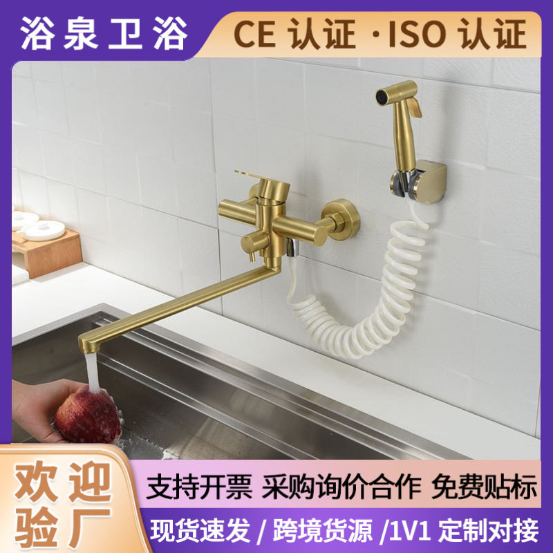 欧美入墙式金色加长出水龙头厨房洗菜盆冷热喷枪双孔阳台清洗套装