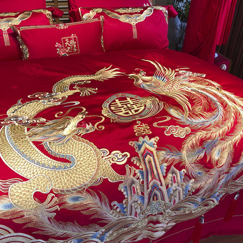 九喜狐婚庆家纺结婚四件套备婚床上用品贡缎提花龙凤刺绣十件套