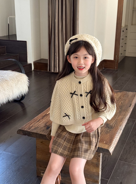 NONO CHILD 女童秋季复古蝴蝶结毛衣斗篷针织长袖两件套