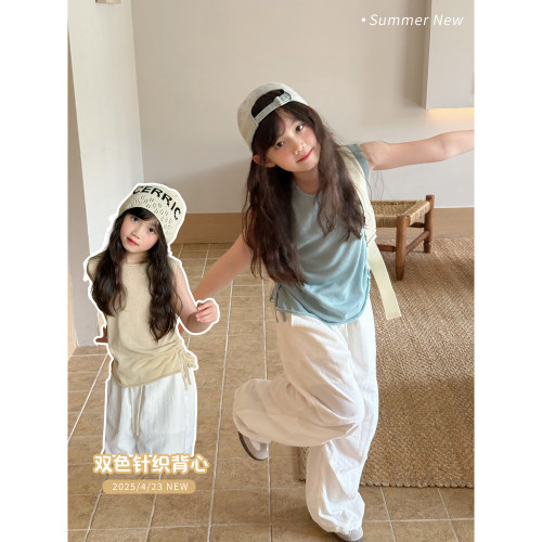 NONO CHILD 夏季女童透气冰丝软糯抽绳绑带针织背心洋气上衣
