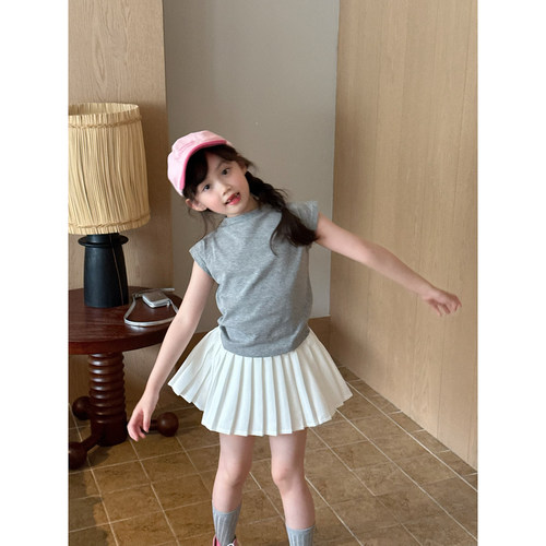 NONO CHILD 夏季女童时髦一字肩露背纯色蝴蝶结短款t恤/百褶裤裙