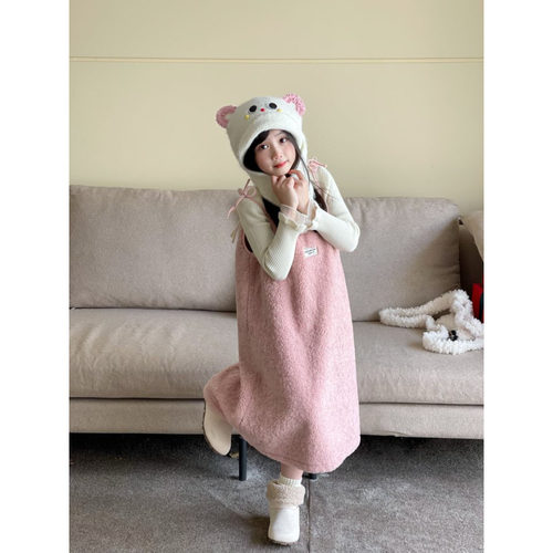 女童秋冬毛绒甜美蝴蝶结连衣裙