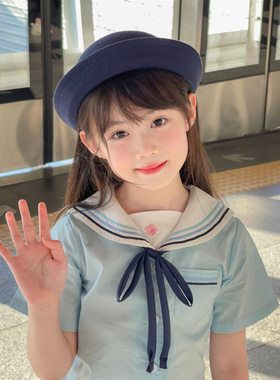 NONO CHILD 女童藏蓝色可爱jk毛呢学院风蝴蝶结飘带帽子亲子帽子