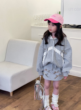 NONO CHILD 春季女童蝴蝶结蕾丝花边连帽卫衣蝴蝶结半身裙套装