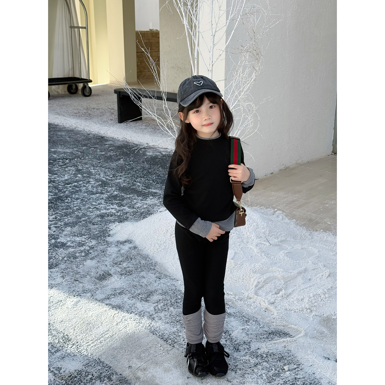 NONO CHILD 女童秋冬磨毛拼接撞色打底衣不规则长袖T恤