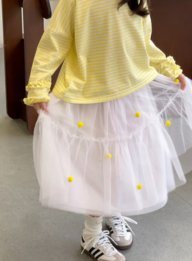 NONO CHILD 春夏女童可爱甜美风黄色球球网纱半身裙百搭长裙