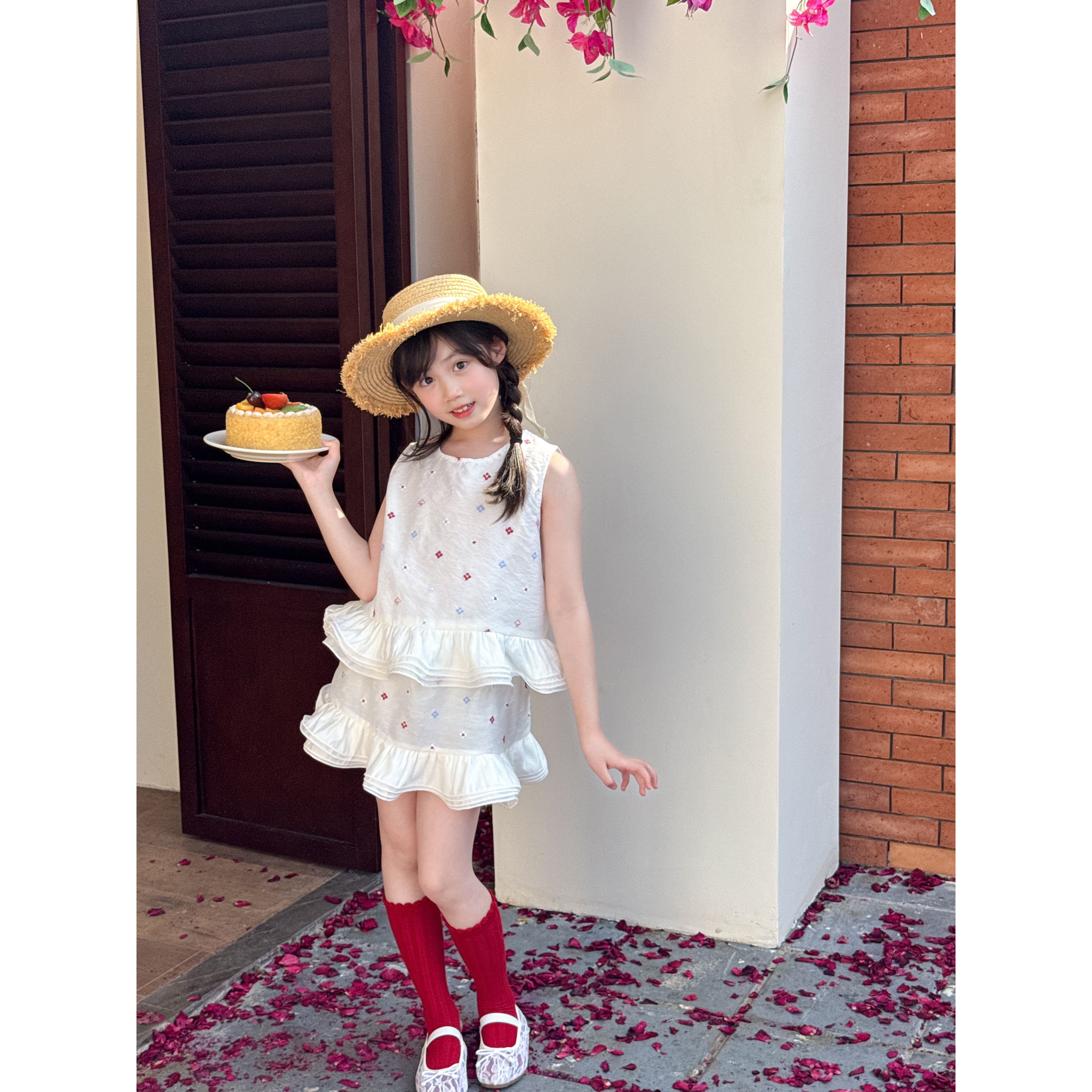 NONO CHILD 女童夏季韩式甜美花朵花边无袖背心花边短裙套装
