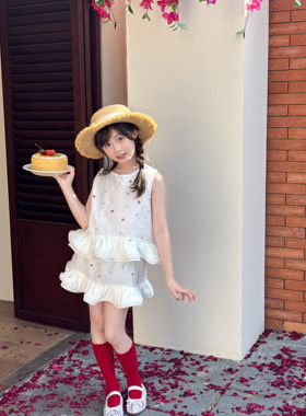 NONO CHILD 女童夏季韩式甜美花朵花边无袖背心花边短裙套装