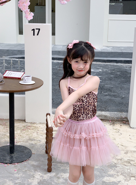 NONO CHILD 女童夏季新款甜美蝴蝶结豹纹吊带背心/纱纱蓬蓬裙