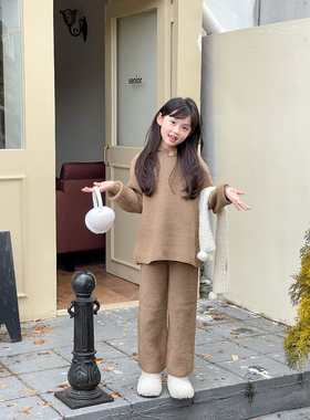 NONO CHILD 秋冬女童舒适保暖连帽毛衣+针织长裤套装两件套