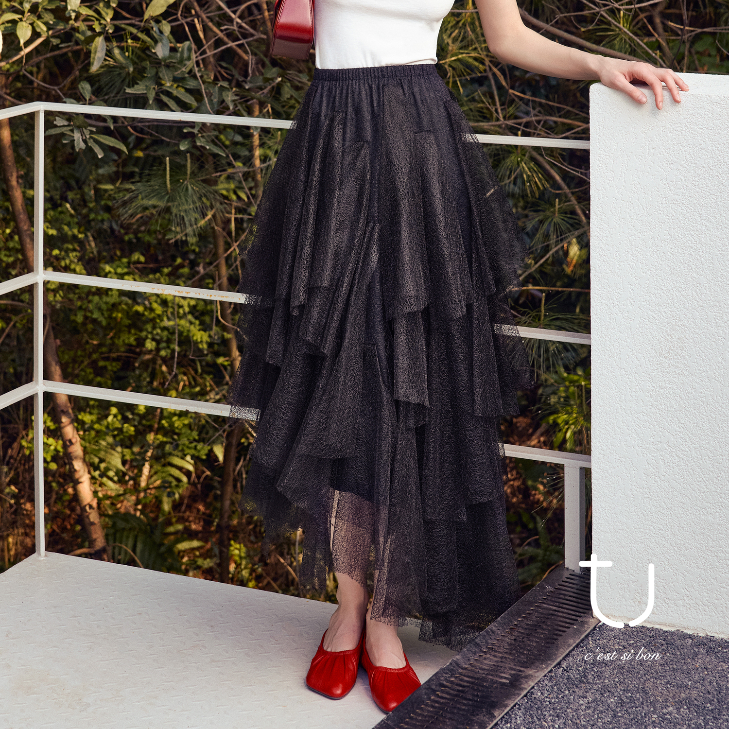 TU女装高腰A子网纱半身裙裙子