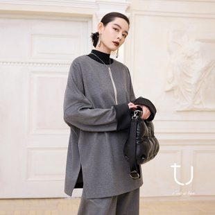 松紧高腰直筒长裤 新年系列静奢风圆领羊毛上衣 子 谧庭 TU女装