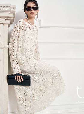 TU女装 因斯布鲁克 镂空勾花白色连衣裙26春新款松弛感长袖裙子