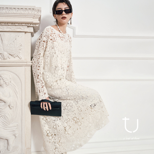 松弛感长袖 镂空勾花白色连衣裙25年冬新款 裙子 因斯布鲁克 TU女装