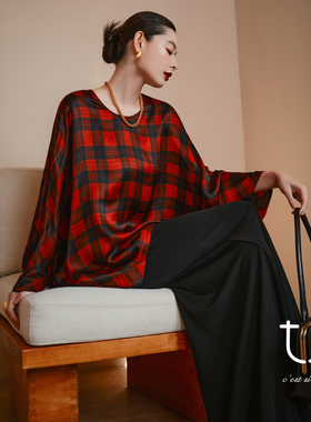 【新年系列】TU女装 复古格纹真丝衬衫2年春季新款桑蚕丝廓形上衣