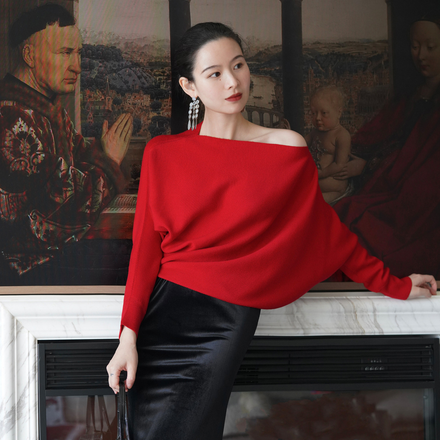 明星同款 TU女装红色羊毛针织衫26春新款斜肩型毛衣新年穿搭上衣,女装/女士精品,毛针织衫,淘宝优惠券,粉丝福利购,淘宝优惠卷