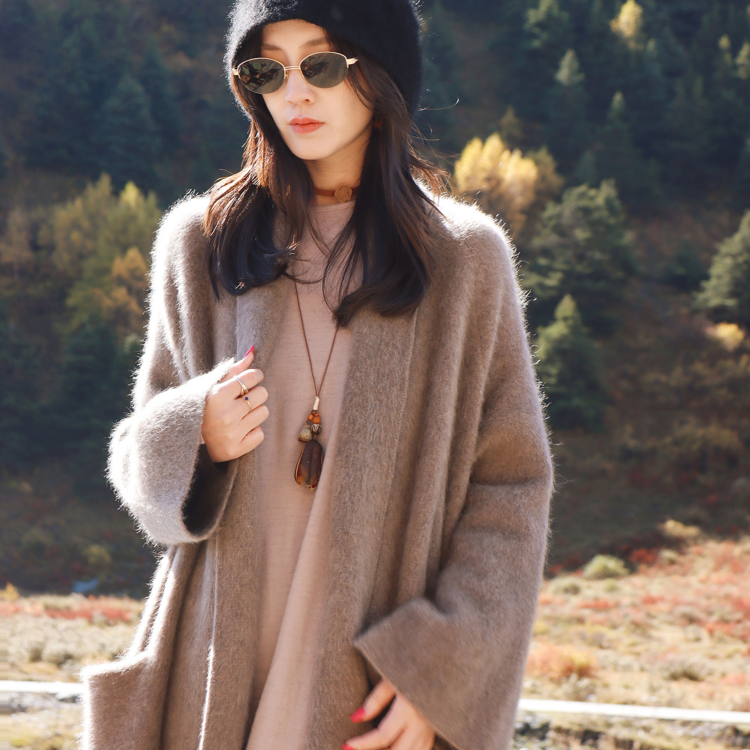 TU女装100牦牛绒拉绒加厚大衣