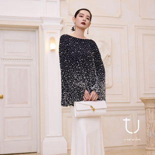 TU女装 月落星裳 重工真丝钉珠上衣2026年春新款桑蚕丝蝙蝠袖衬衫