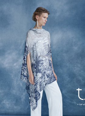 TU女装波嬉风设计感真丝印花不规则新中式斗篷松弛感宽松短袖上衣