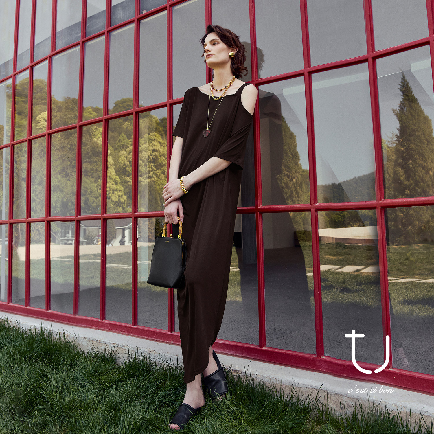 TU女装 雾霭森林 不对称短袖连衣裙2026年春夏新款琥珀流光长裙子