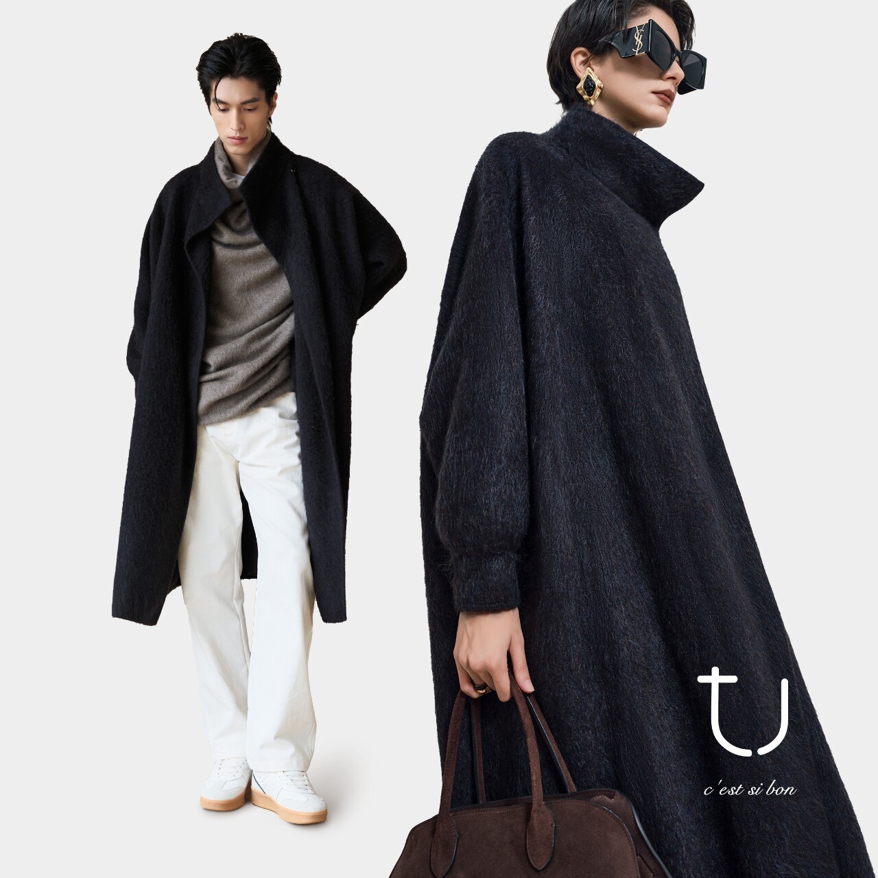 【明星同款】TU  100%牦牛绒拉绒立领开衫松弛疗愈绒感长外套