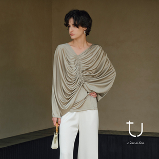 衬衫 上衣小众设计感显瘦遮肉长袖 三醋酸针织V领抽褶蝙蝠袖 TU女装