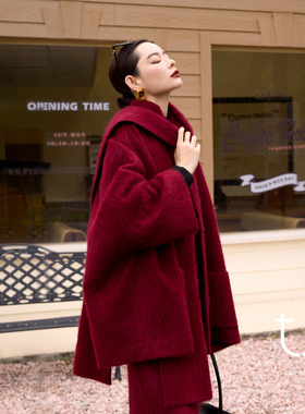 【新年系列】TU女装重工牦牛绒拉绒毛呢短外套慵懒风简约阔版大衣